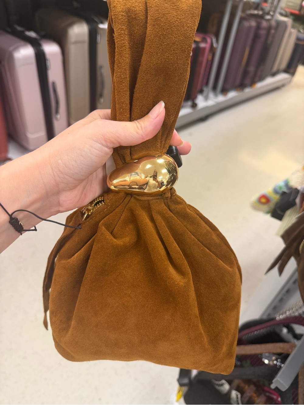 Italian Suede Wrist Pouch Bag in Caramel Brown